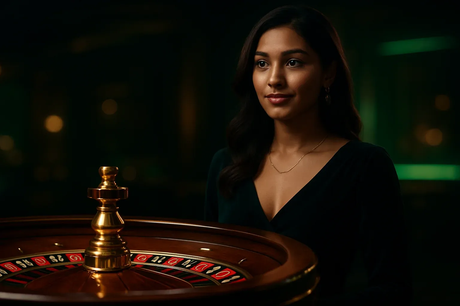 Hyper-realistic portrait of elegant Bangladeshi woman near professional roulette wheel in luxury casino setting