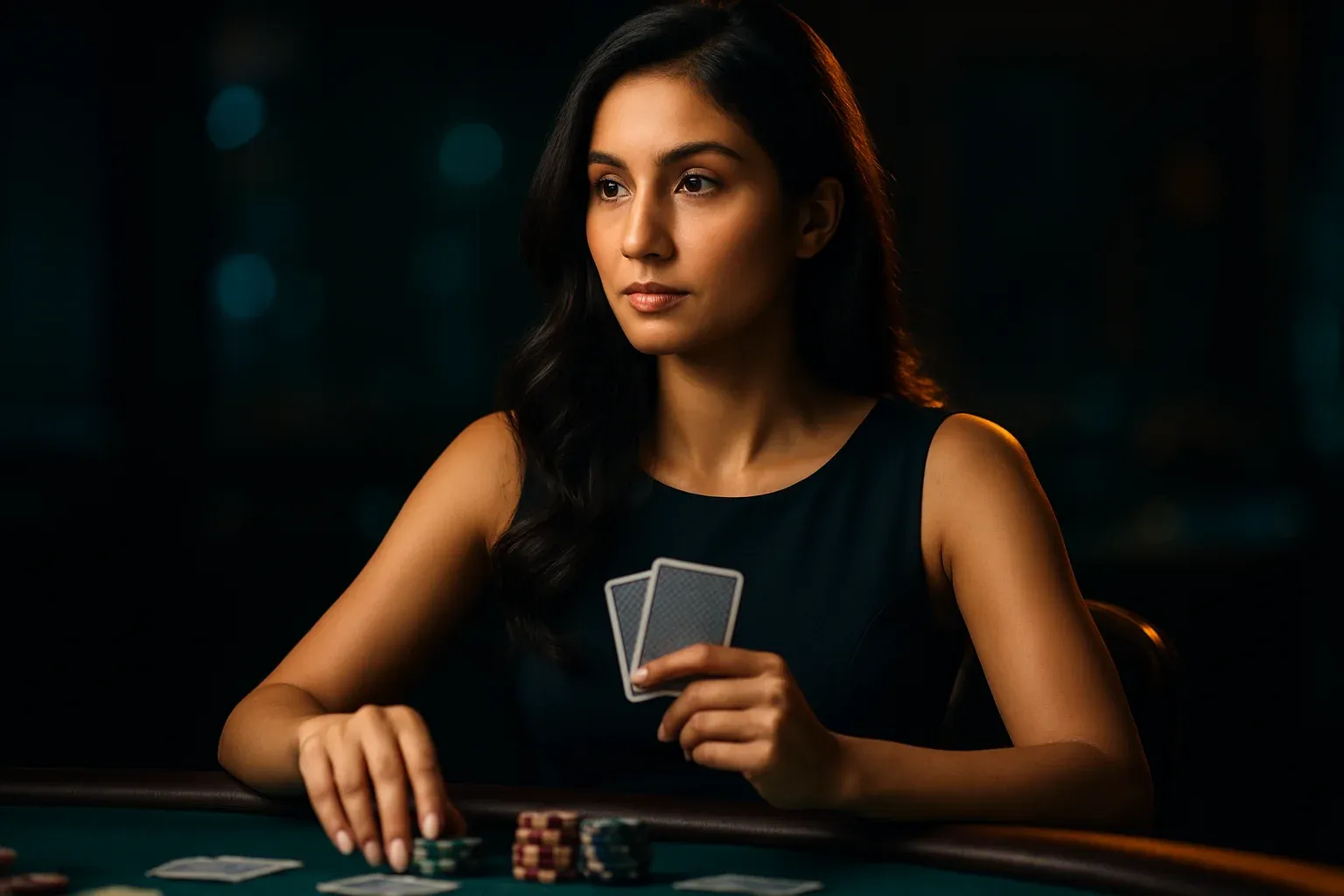 Confident woman playing poker with cards and chips in luxury casino